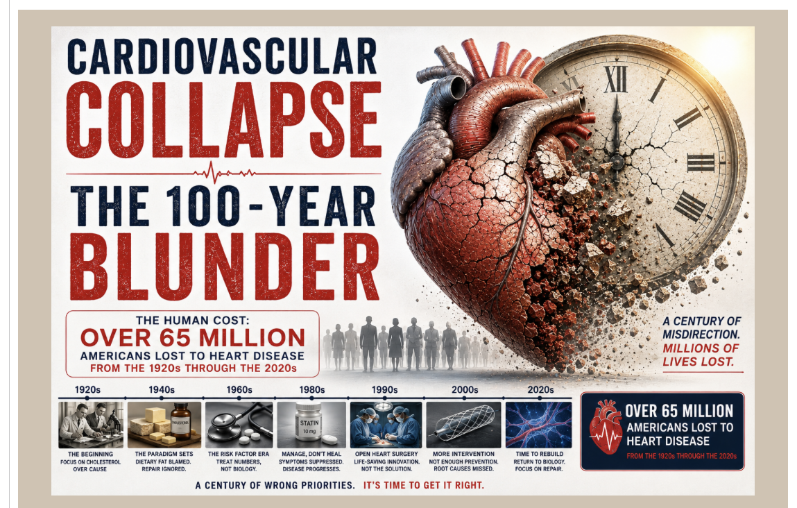 Cardiovascular Collapse: The 100-Year Blunder. Saturday, January 23, 2027, live on Zoom.
